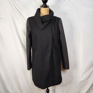 Vtg JOUJOU Size Lrg Black Winter Coat Silver Studded Red Lining Edgy Punk Gothic